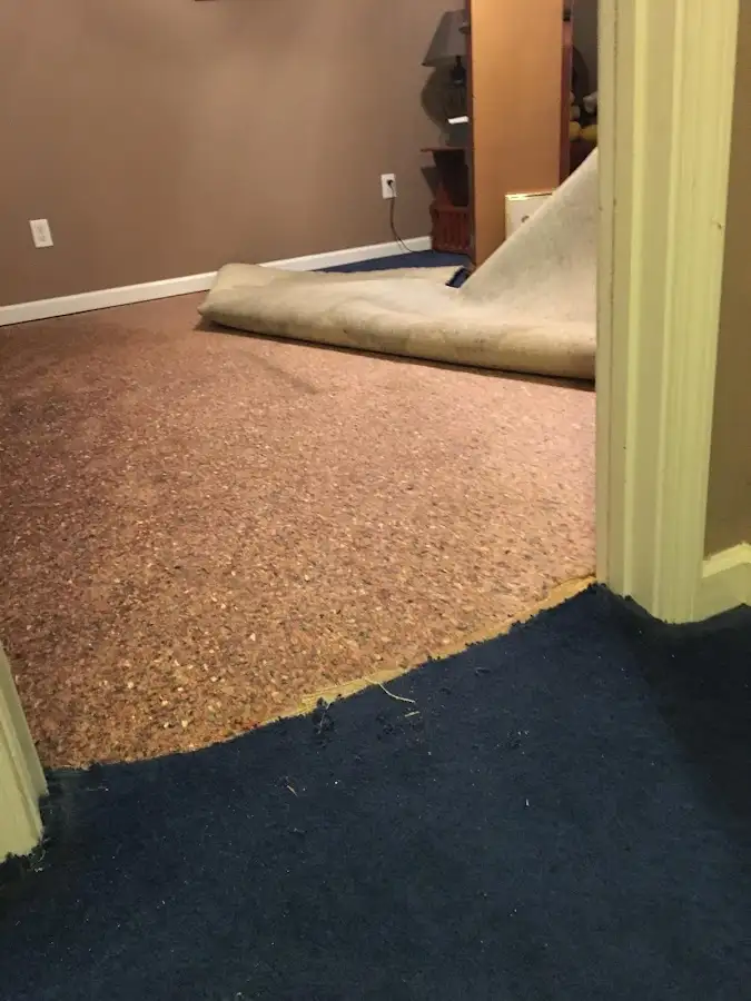 Carpet pad removal revealing water damage during Drying & Dehumidification in Moss Bluff